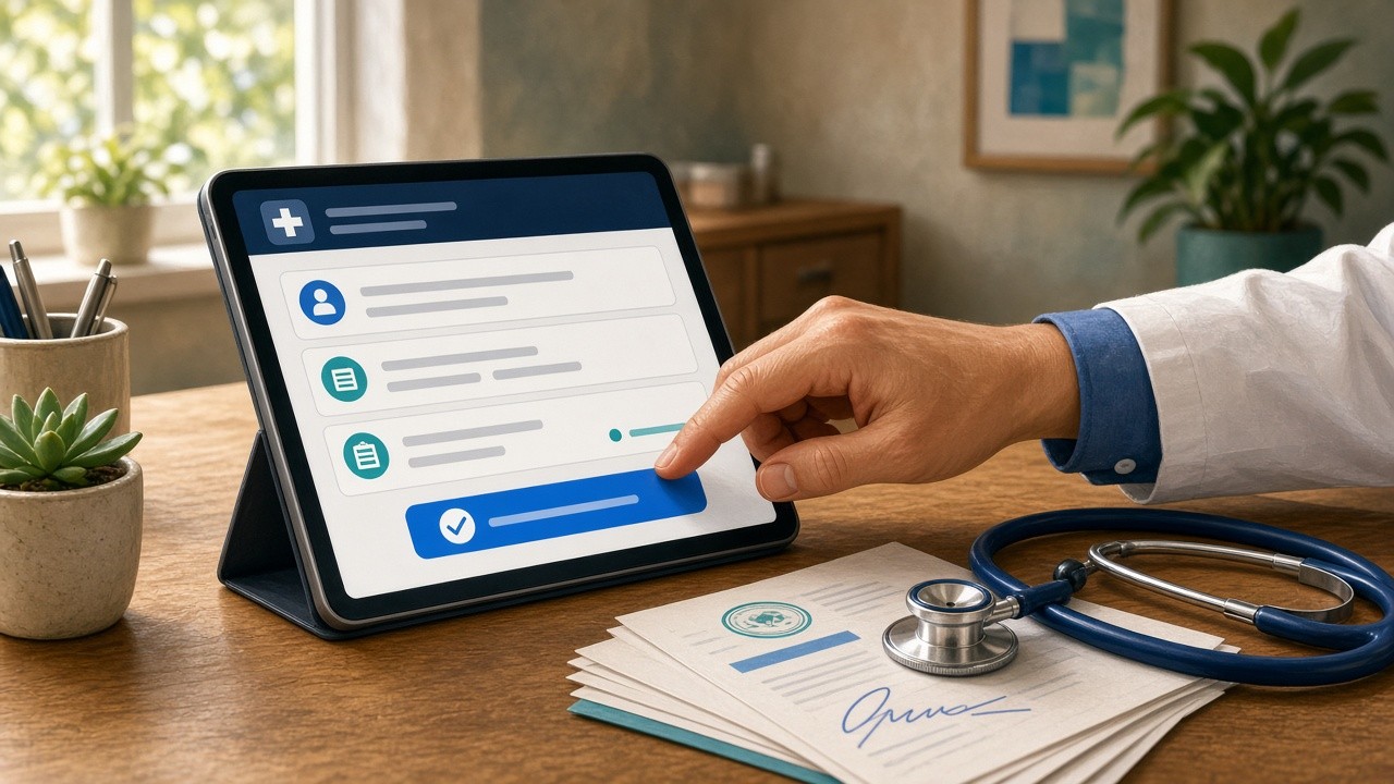 Praxispult mit Tablet und digitaler Überweisung, Papierstapel daneben