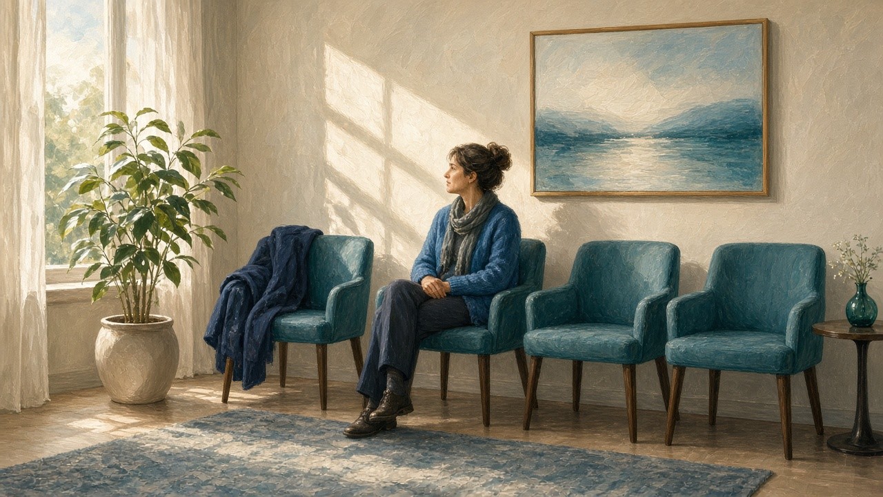 Wartezimmer mit leeren Stühlen und Morgenlicht, Person wartet würdevoll auf Therapieplatz