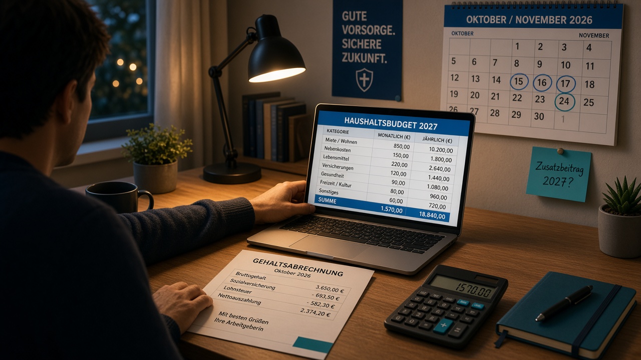 Abend am Schreibtisch: Haushaltsbudget 2027 und Notiz Zusatzbeitrag