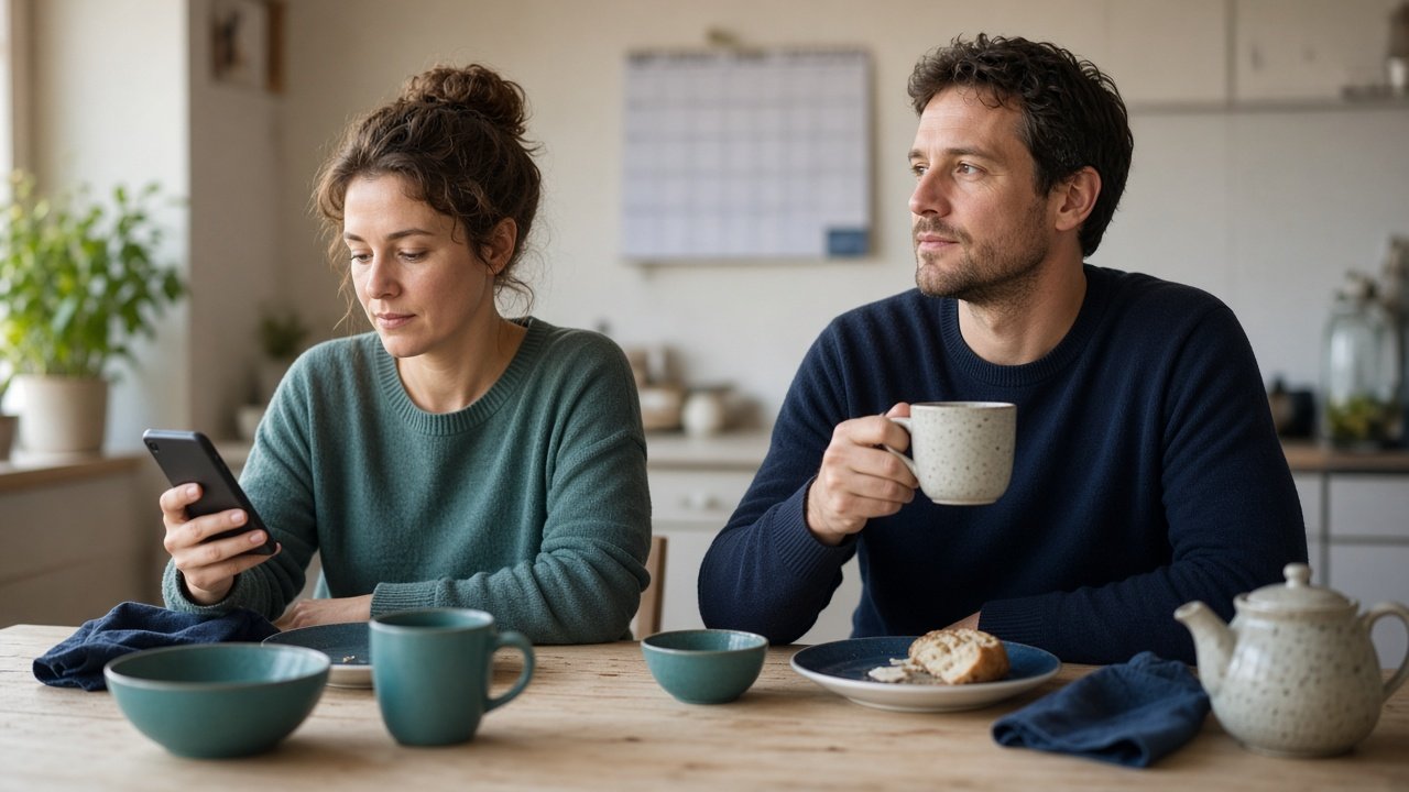 Paar Mitte 30 am Frühstückstisch, sie schaut aufs Smartphone, er hält eine Kaffeetasse, im Hintergrund unscharf ein Kalender