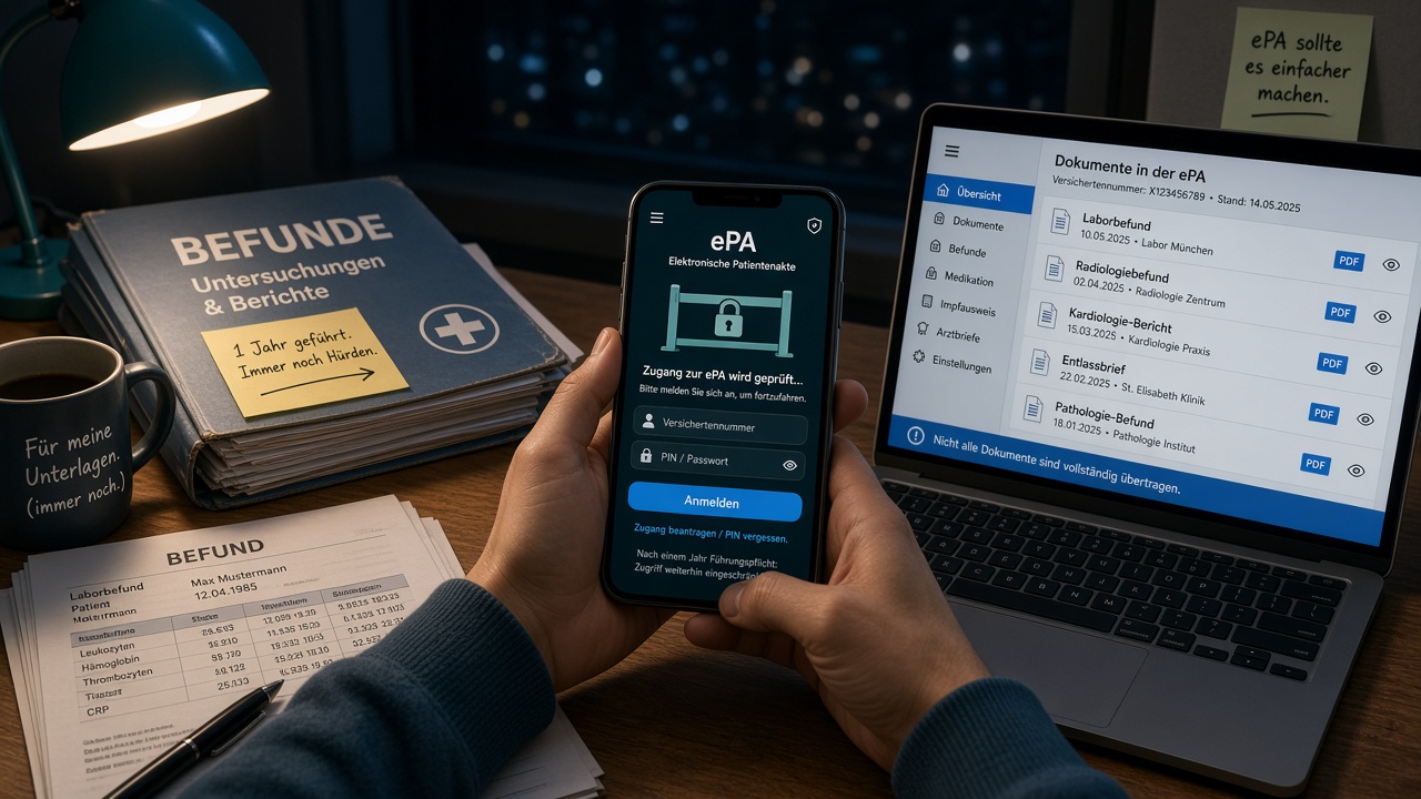 Smartphone mit ePA-Login-Hürde neben Befundordner und Laptop mit Dokumentenliste