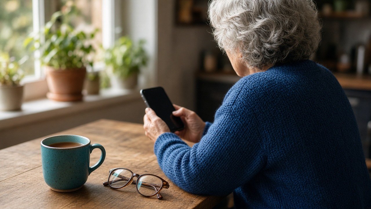 Ältere Frau mit grauem Haar sitzt am Küchentisch und blickt auf ihr Smartphone, von hinten fotografiert; vorn auf dem Tisch eine Lesebrille und eine Teetasse, warmes Tageslicht