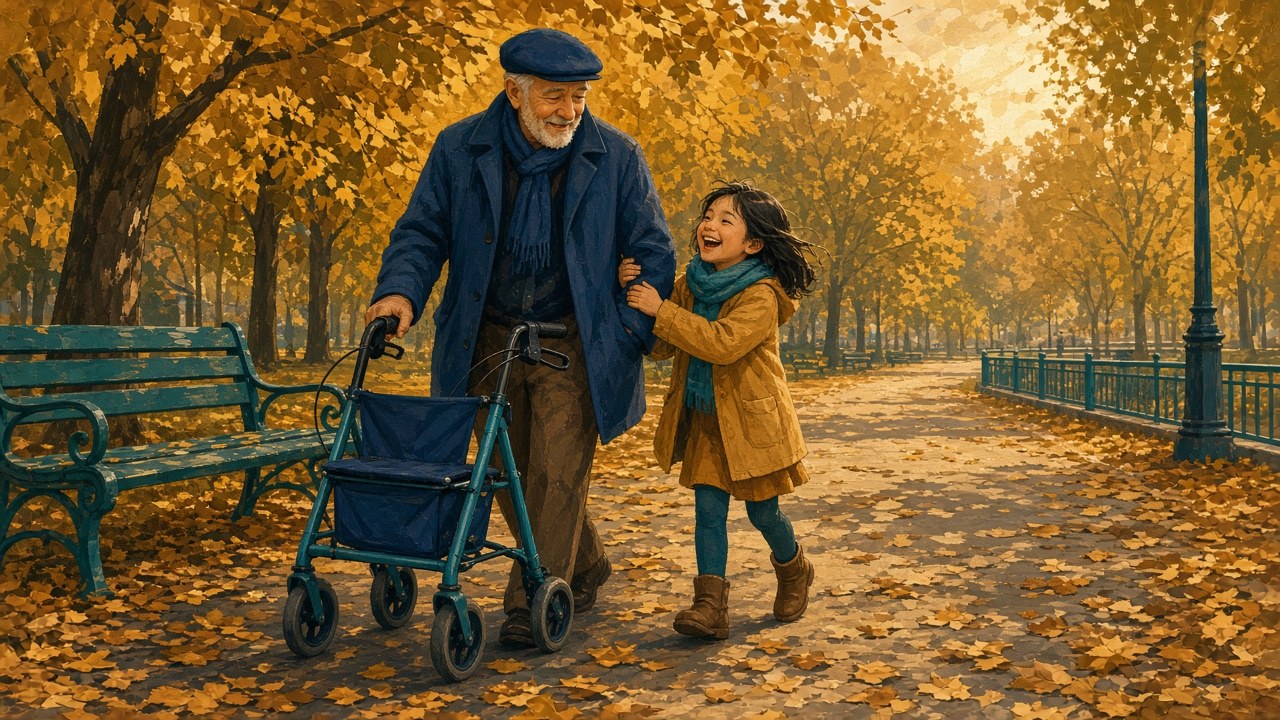 Älterer Mann geht mit Rollator einen herbstlichen Parkweg entlang, seine Enkelin läuft lachend neben ihm