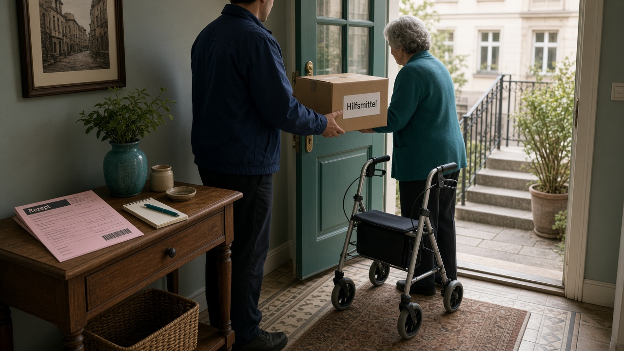 Lieferung Hilfsmittel an ältere Person mit Rollator, Rezept auf dem Sideboard