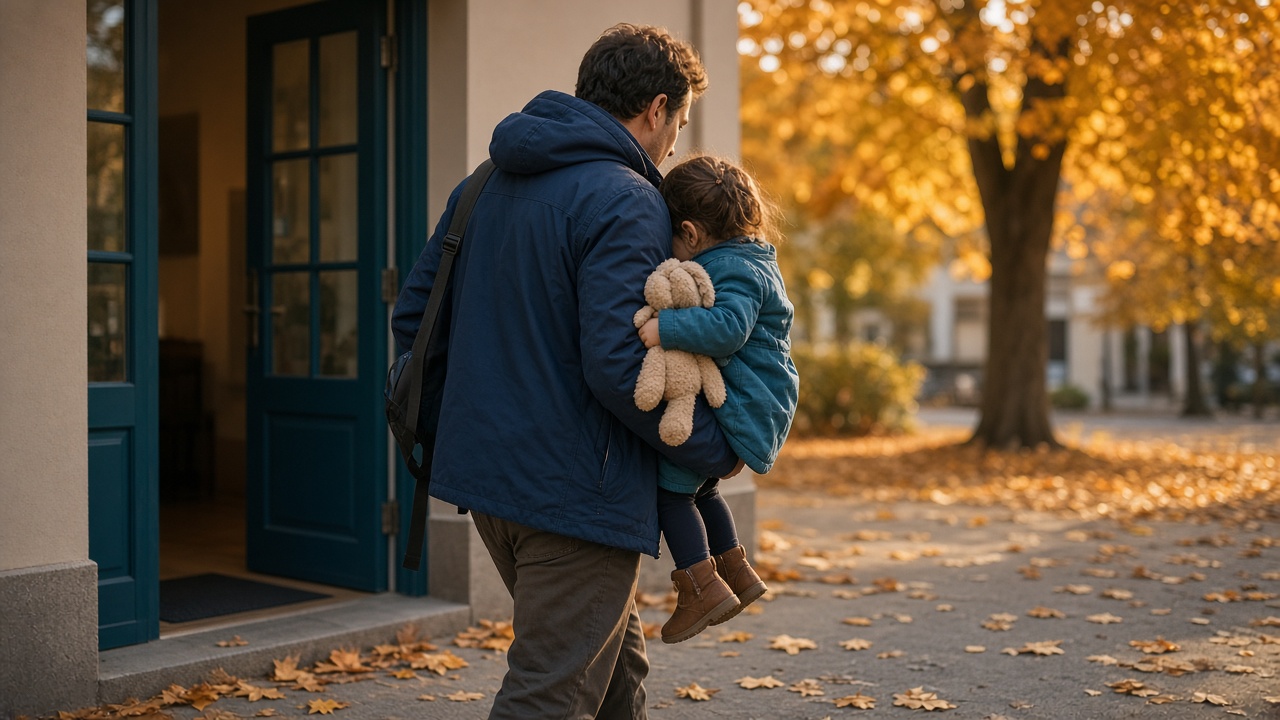 Vater trägt sein müdes Kind mit Kuscheltier aus einer Praxistür ins Herbstlicht