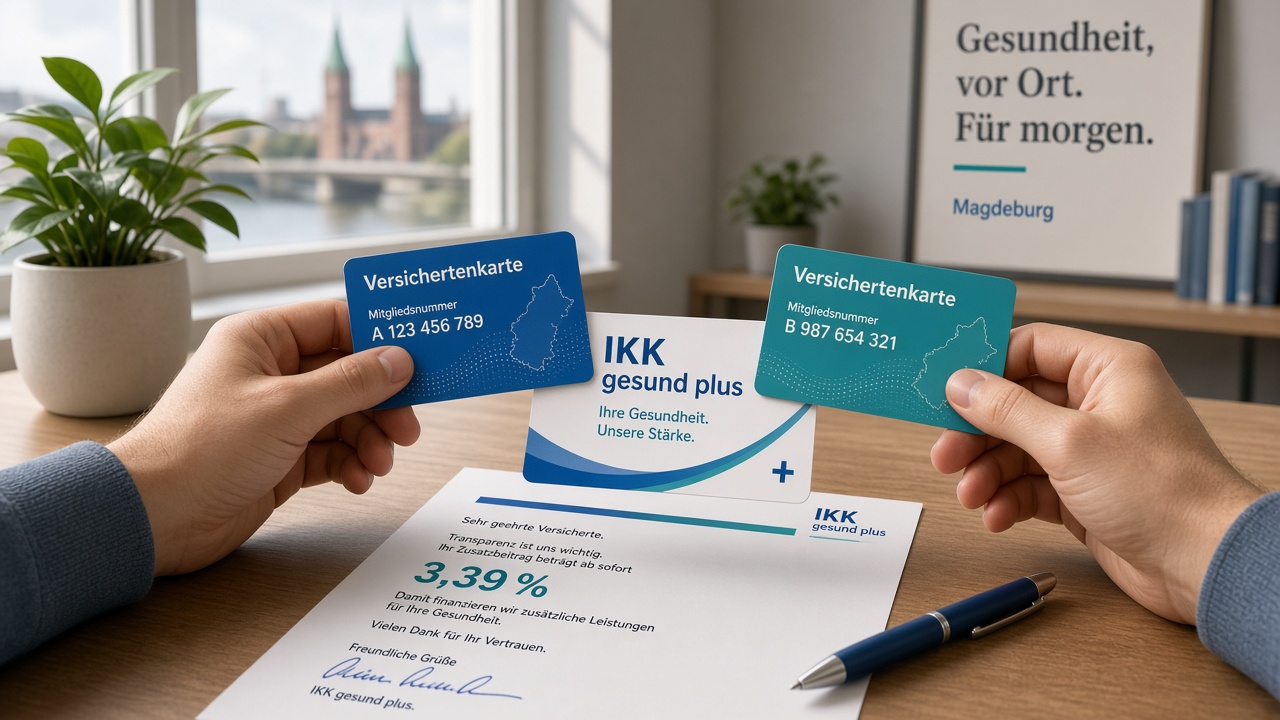 Zwei Versichertenkarten und IKK-gesund-plus-Karte über Schreiben mit Zusatzbeitrag 3,39 %