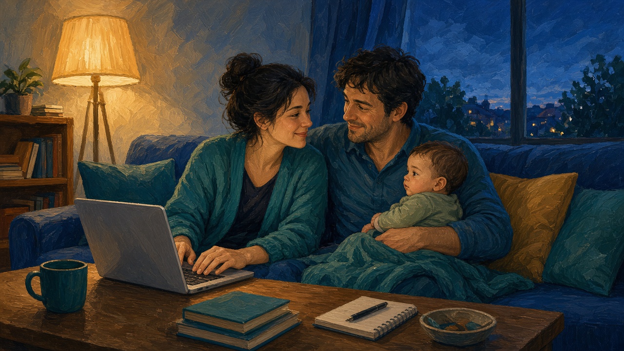 Junge Familie am Abend auf dem Sofa: Die Mutter tippt auf einem Laptop, der Vater hält das Baby auf dem Schoß, beide lächeln sich an, warmes Lampenlicht
