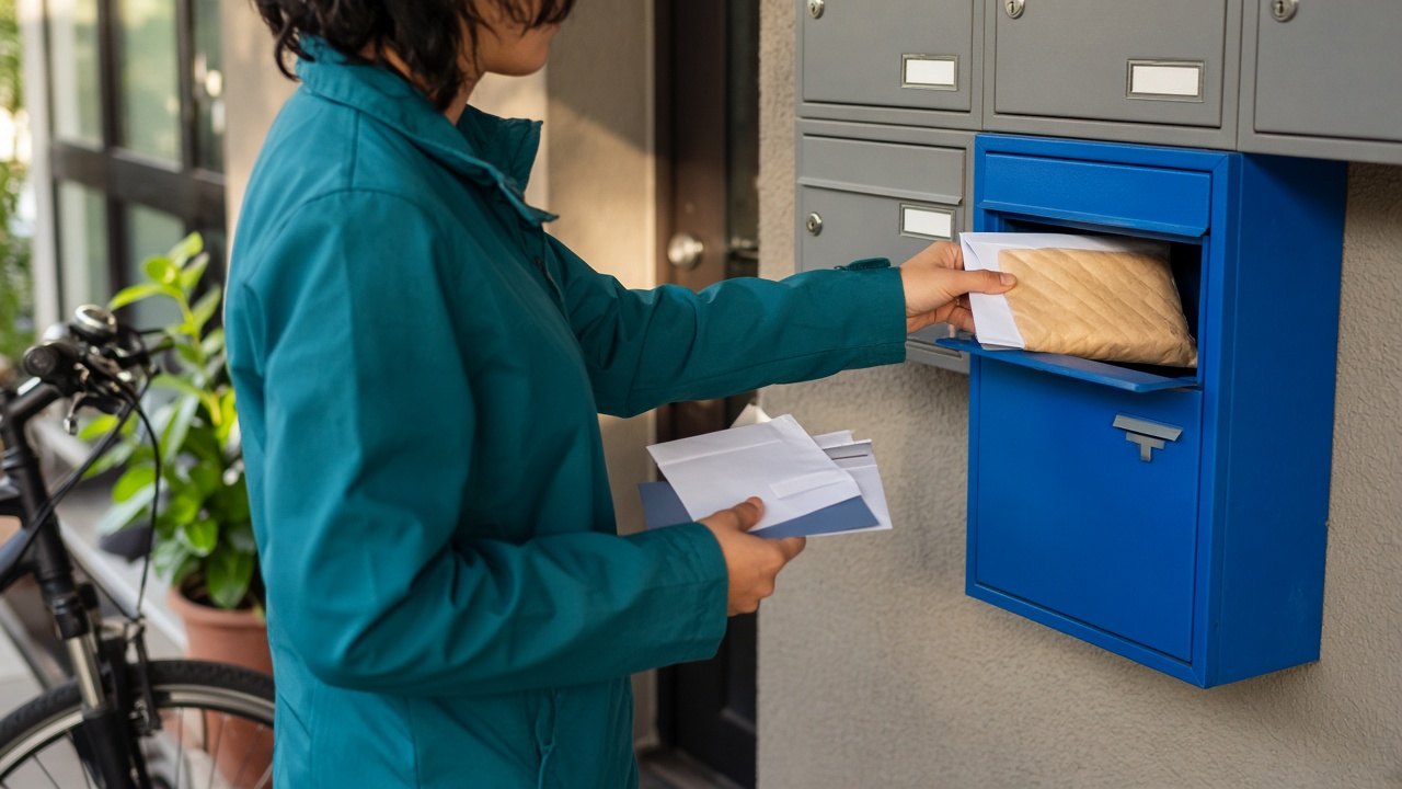Hauseingang am Morgen: Eine Person in petrolfarbener Jacke holt einen gepolsterten Umschlag aus einem blauen Briefkasten, in der anderen Hand weitere Briefe; daneben ein Fahrrad und eine Pflanze