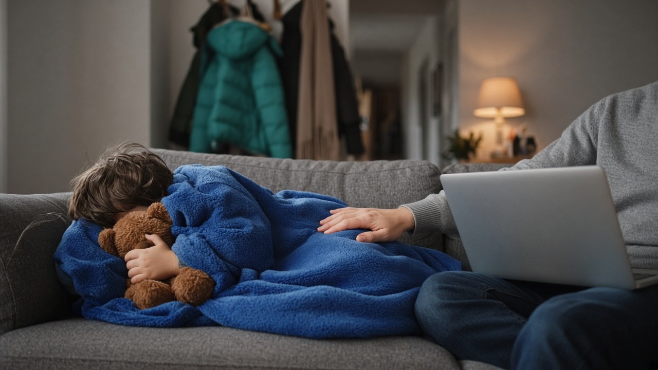 Krankes Kind liegt unter einer blauen Decke auf dem Sofa und umarmt einen Teddy, daneben ein Elternteil mit Laptop auf dem Schoß, die Hand auf der Decke; im Hintergrund eine Winterjacke an der Garderobe