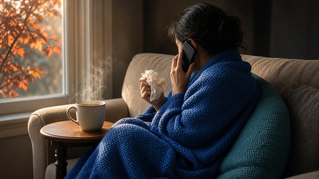 Erkälteter Mensch sitzt in eine blaue Strickdecke gehüllt auf dem Sofa, telefoniert und hält ein Taschentuch, daneben eine dampfende Teetasse, Herbstlicht durchs Fenster
