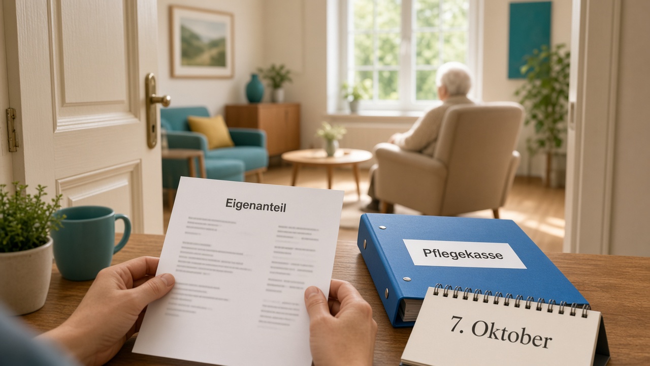 Eigenanteil-Rechnung und Pflegekasse-Ordner vor Wohnzimmer mit Pflegebedürftiger