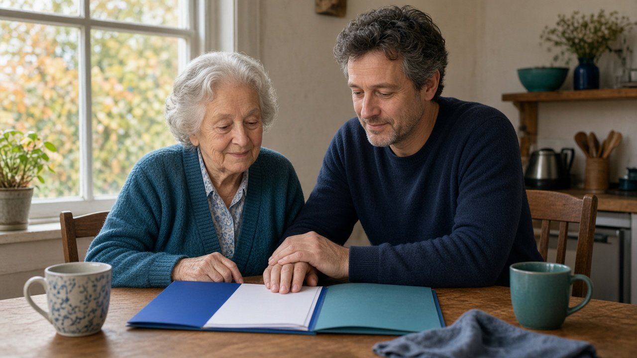 Seniorin und ihr erwachsener Sohn sitzen nachdenklich am Küchentisch über einem Ordner, daneben Teetassen