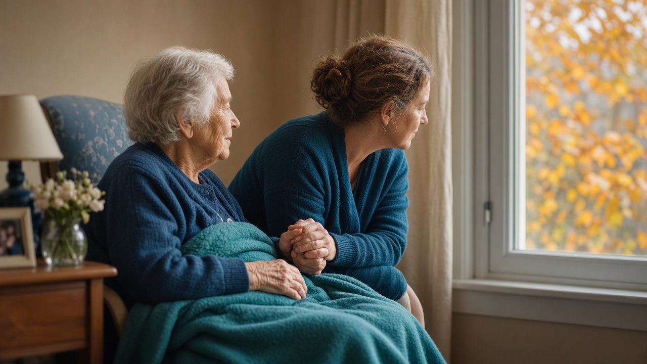 Tochter hält die Hand ihrer Mutter am Fenster eines Pflegeheimzimmers im Herbstlicht
