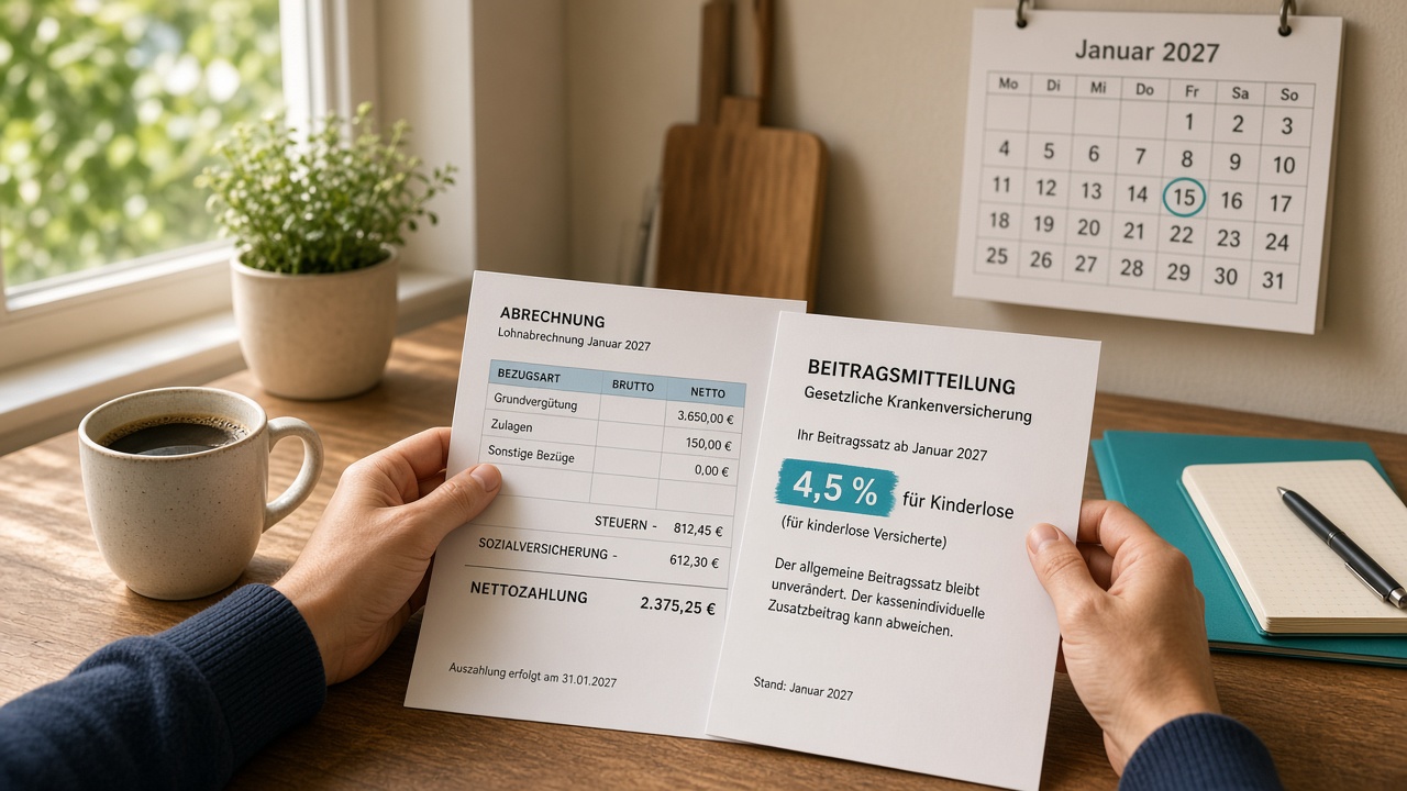 Hände mit Lohnabrechnung und Beitragsmitteilung 4,5 % für Kinderlose, Kalender Januar 2027