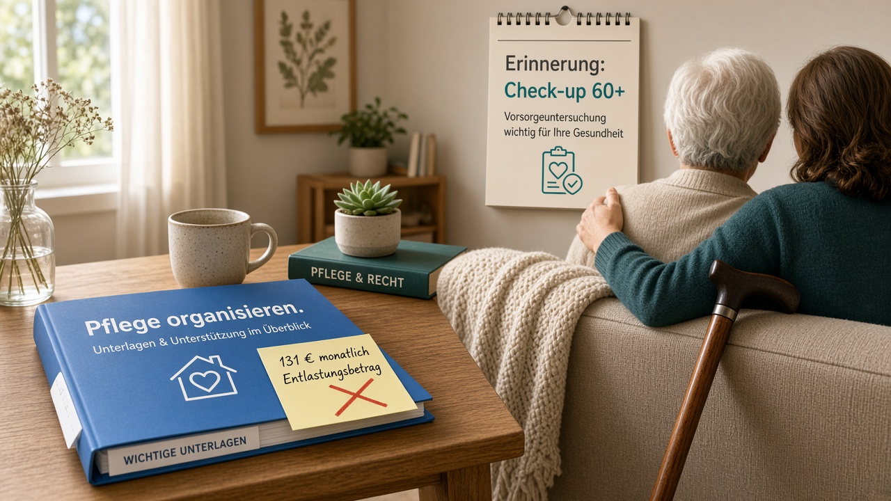 Pflegeordner mit durchgestrichenem 131-Euro-Entlastungsbetrag, Angehörige auf dem Sofa, Check-up-60+-Hinweis