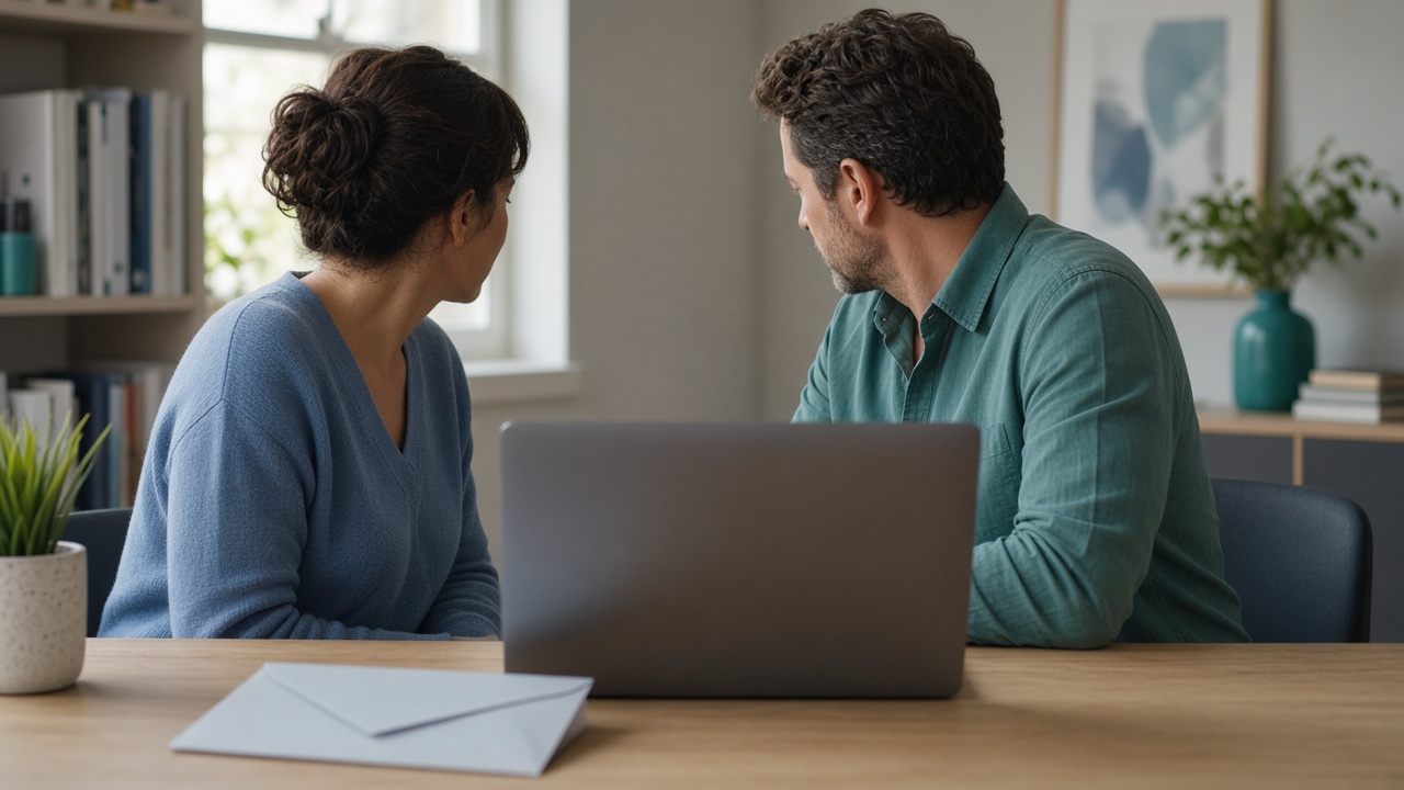 Paar Anfang 40 im Homeoffice am Laptop, daneben ein umgedrehtes Schreiben