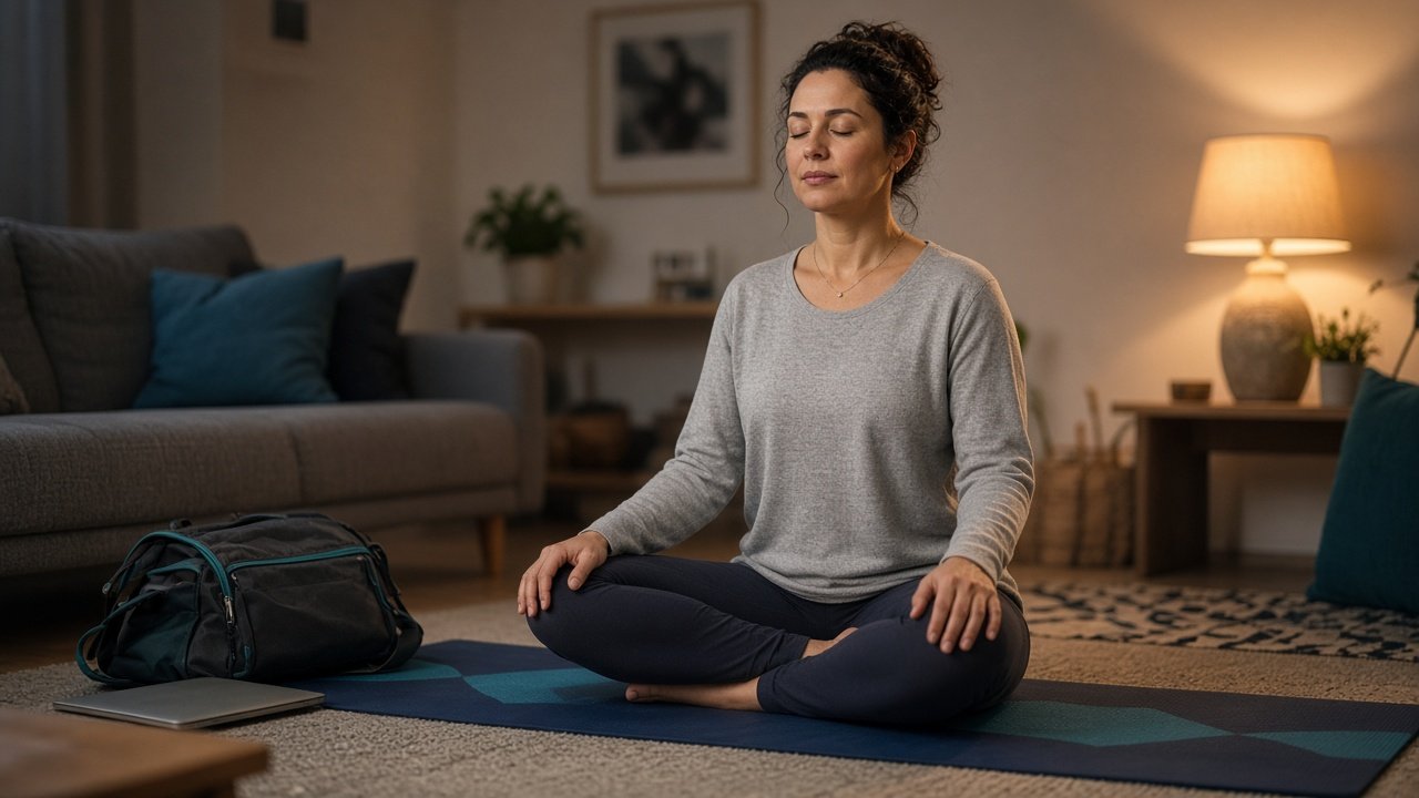 Frau Anfang 40 sitzt nach Feierabend mit geschlossenen Augen auf einer Yogamatte im Wohnzimmer, daneben ein zugeklappter Laptop