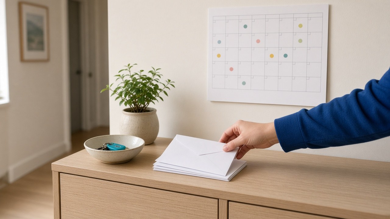 Flurkommode mit einem Stapel Briefumschläge, eine Hand im blauen Pullover greift nach dem obersten Brief; an der Wand ein Kalender ohne Schrift mit farbigen Punkten