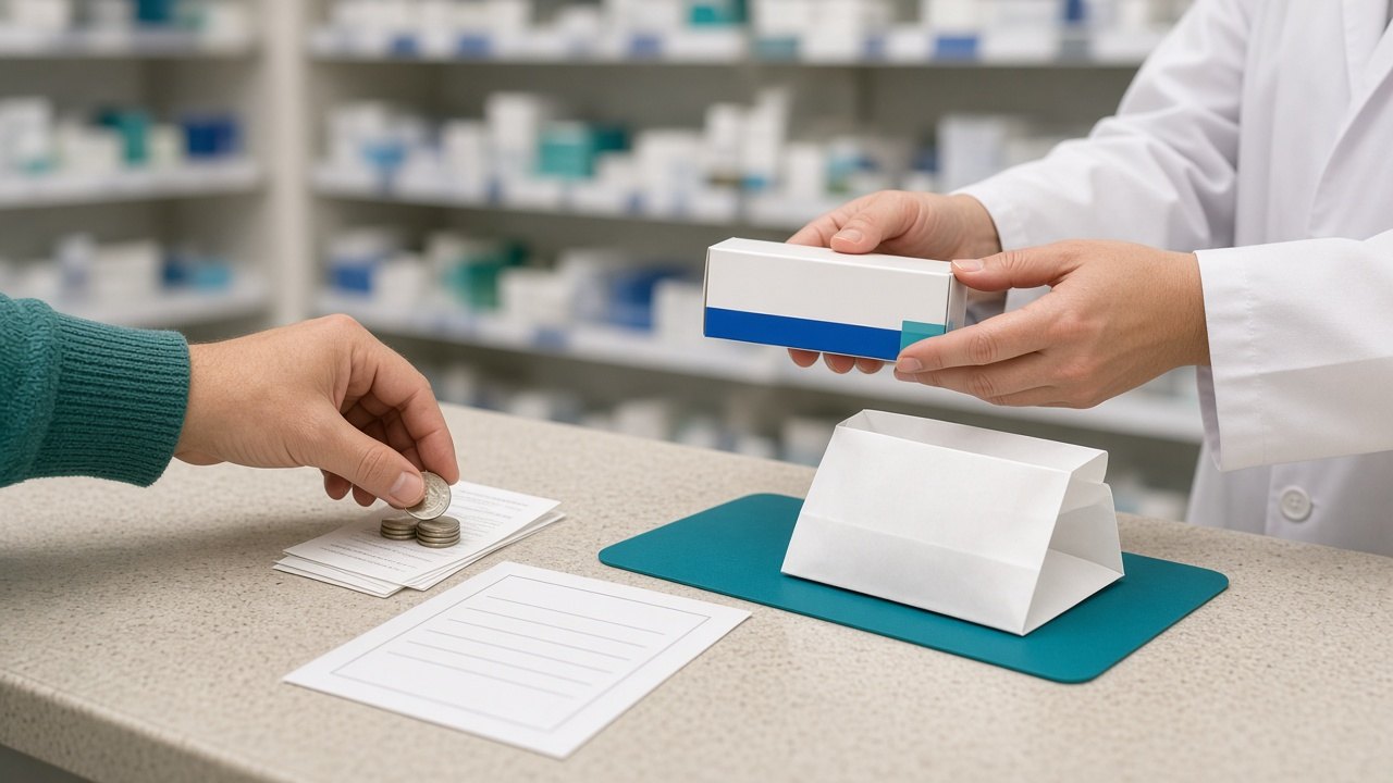 Apothekentresen: Eine Apothekerin im weißen Kittel reicht eine Medikamentenpackung über den Tresen, eine Kundenhand legt Münzen auf einen Stapel Quittungen, daneben eine weiße Apothekentüte und ein Rezept