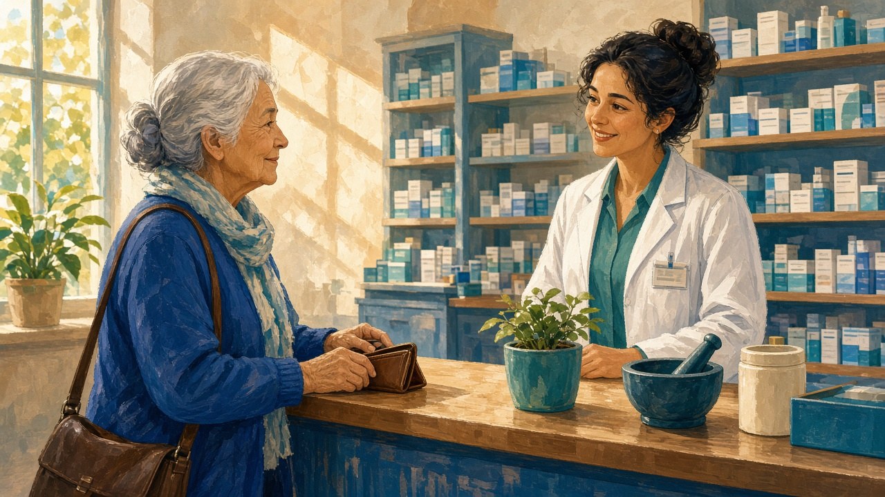 Ältere Frau legt am Apothekentresen ihr Portemonnaie ab, die Apothekerin lächelt ihr zu, warmes Licht
